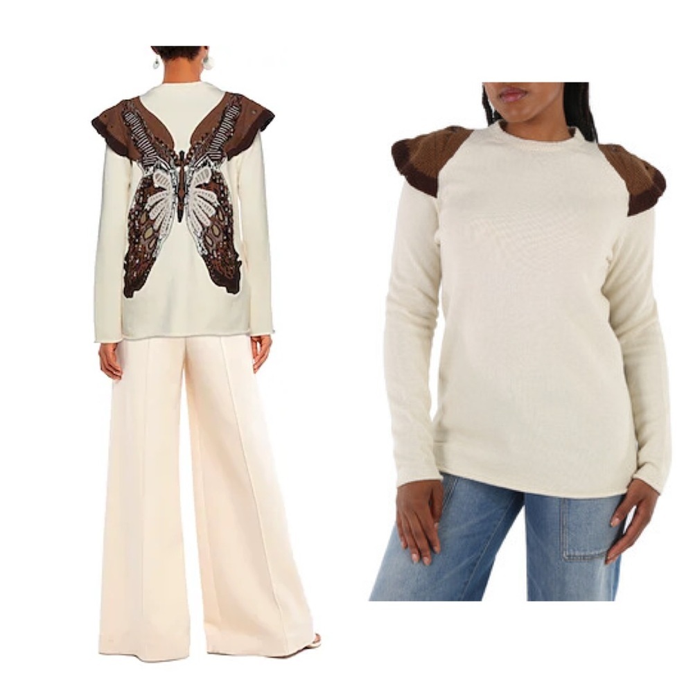 Chloé Cream Brown Butterfly Sweater Wool Cashmere Knit XS Boho Casual EUC 🟠